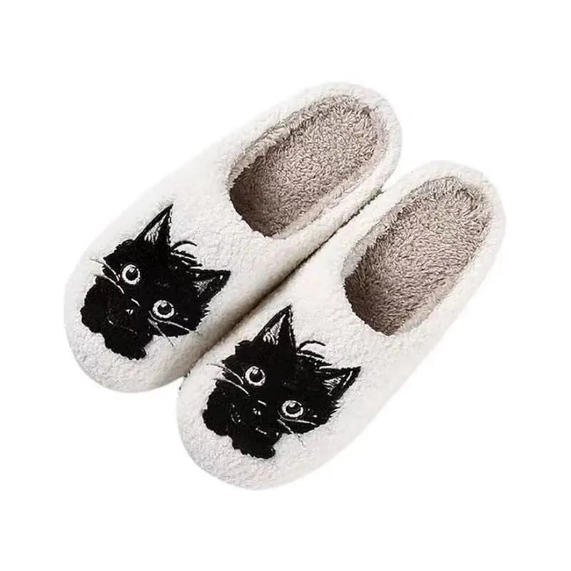 White cotton slippers with black beard cat cartoon pattern and plush upper
