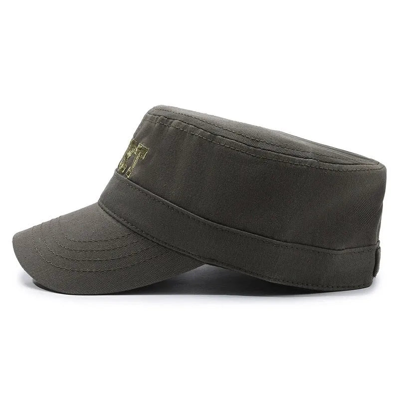 Men's adjustable cotton peaked cap with flat-top dome crown in army green colour showing English letter detailing