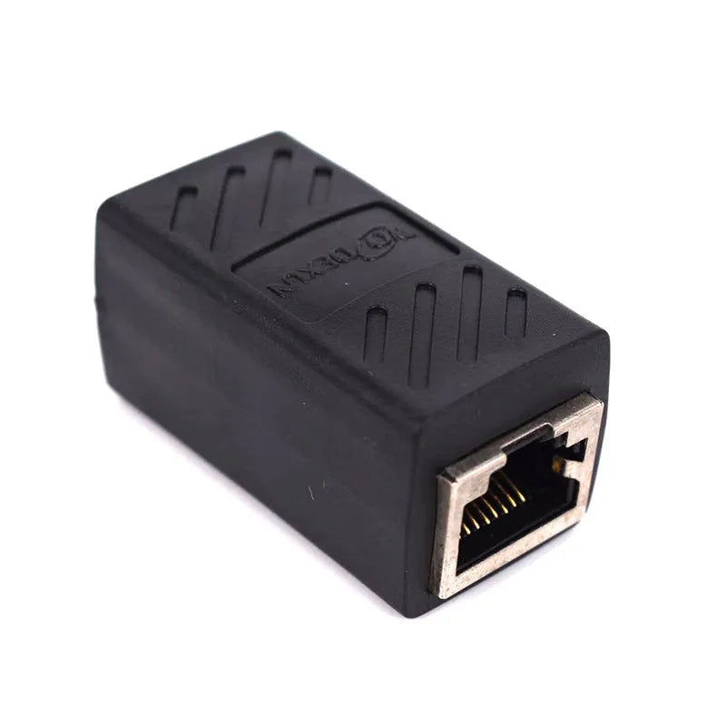 Black RJ45 network cable butt joint extender adapter with rotary union connector.