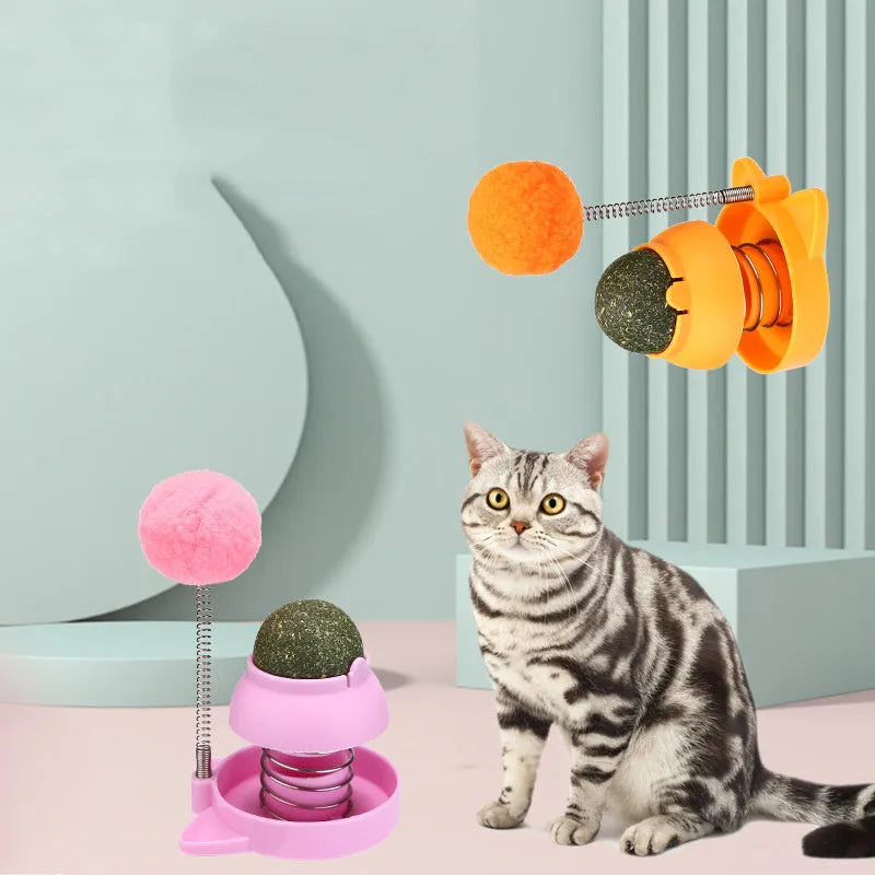 Blue mint ball cat toy on a stick for licking, teeth cleaning, and interactive play.