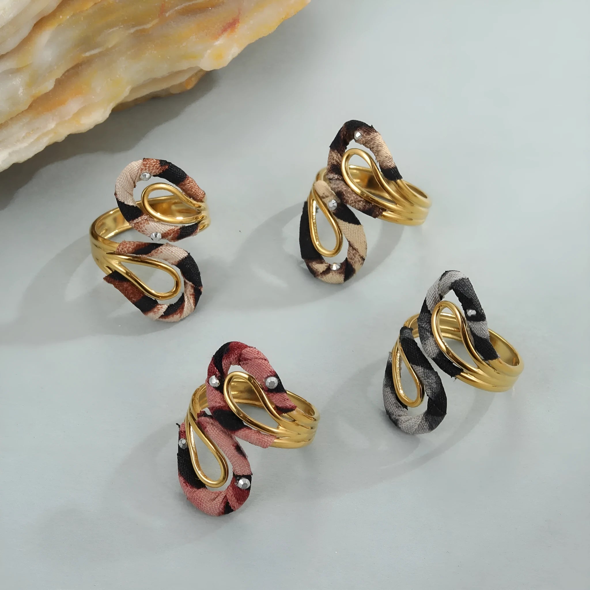 Stainless steel open mouth ring with electroplated leopard print and irregular heart and star geometry