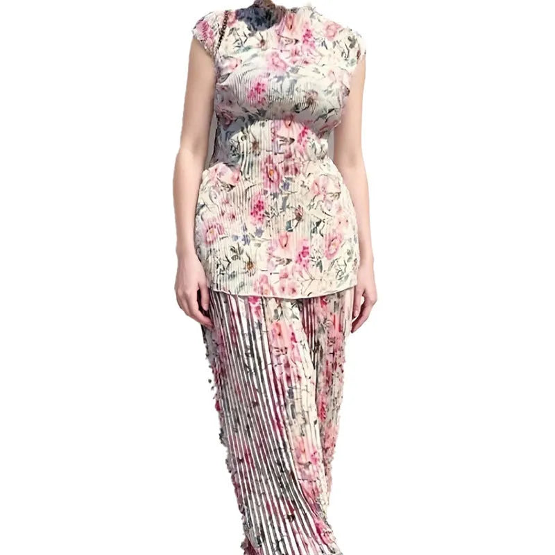 Long sleeve printed chiffon dress with high waist design shown in pictured colours