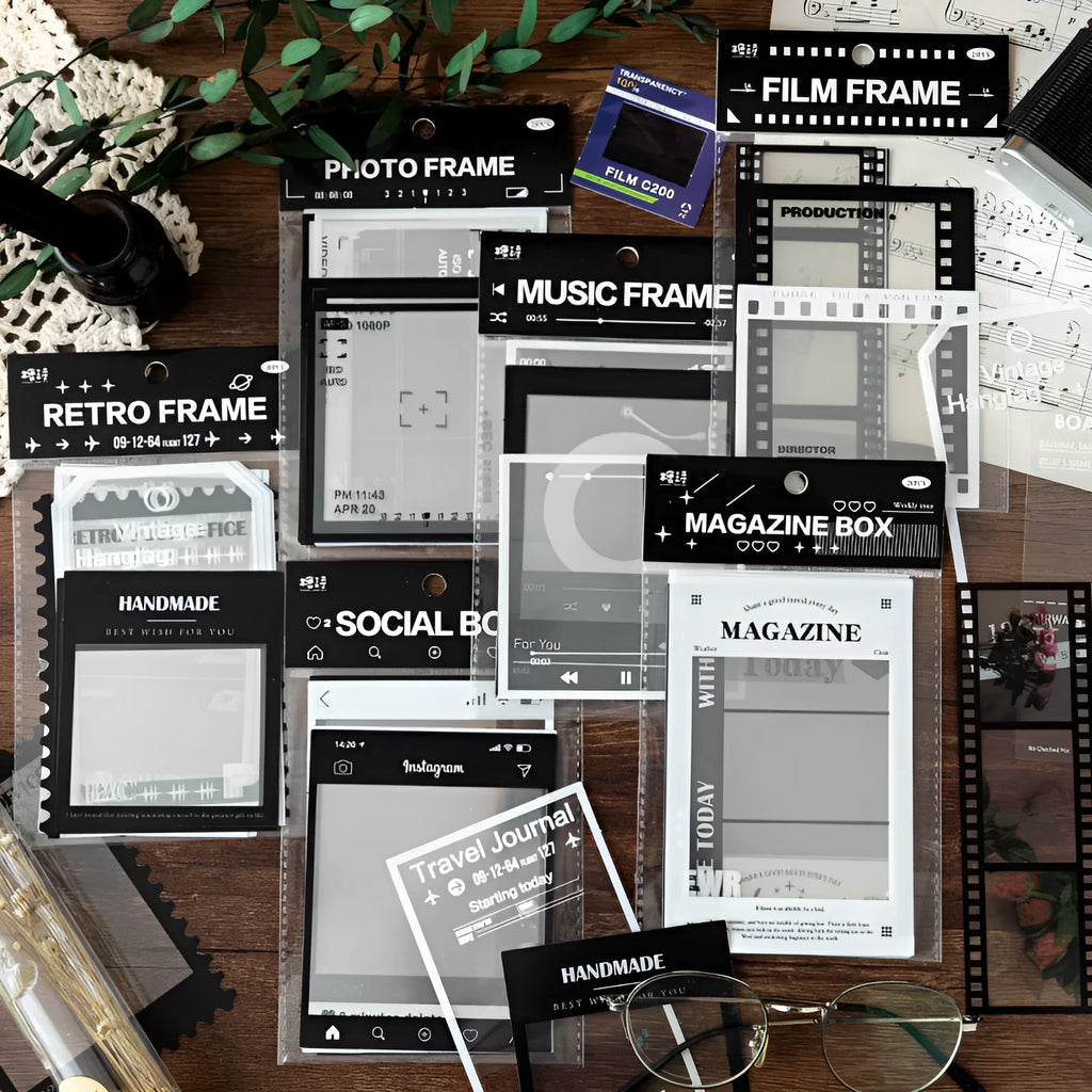 Retro frame sticker collection with 15 transparent sheets for scrapbooking and journal decoration