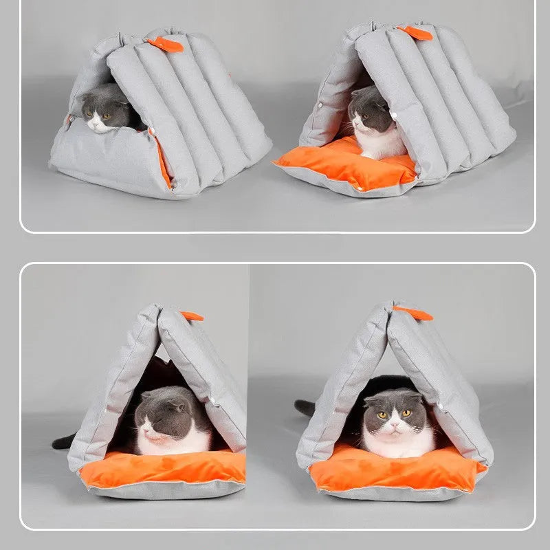 Blue triangular cotton cat nest bed with drilled holes for combination.