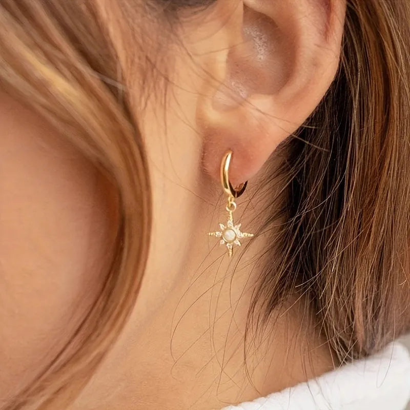 Gold eight-pointed star opal earrings for women, copper base, geometric drop style