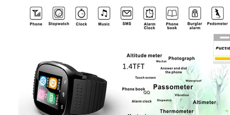Smart Bluetooth sports watch in black, white, or blue, showing smartphone compatibility and features like calling and fitness tracking.
