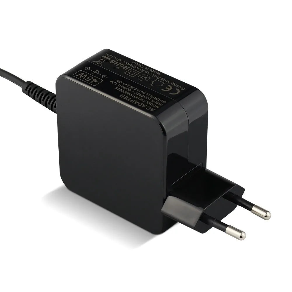 Black 45W laptop adapter with US and EU plugs showing 99.3mm length