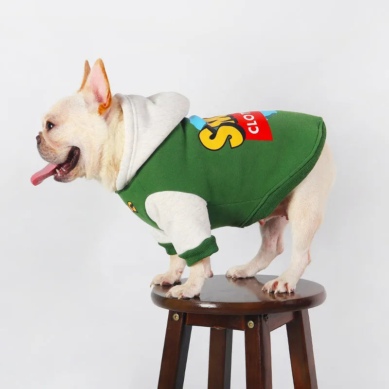 A green cotton dog jumper for autumn and winter wear, shown in size L to 4XL.