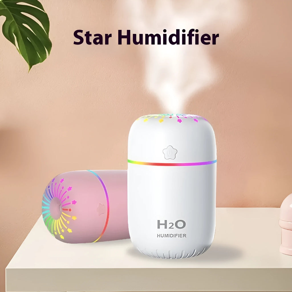 Compact fireworks design USB humidifier in white, pink, or green colours measuring 75x75x116mm
