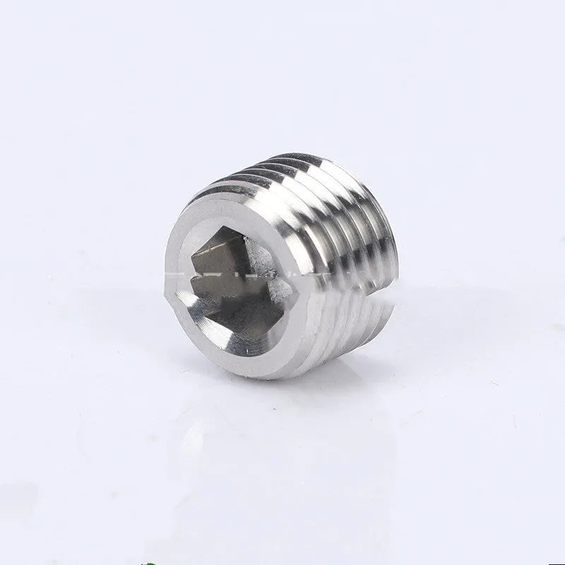 A single stainless steel pipe plug with a hexagonal head, shown against a white background.