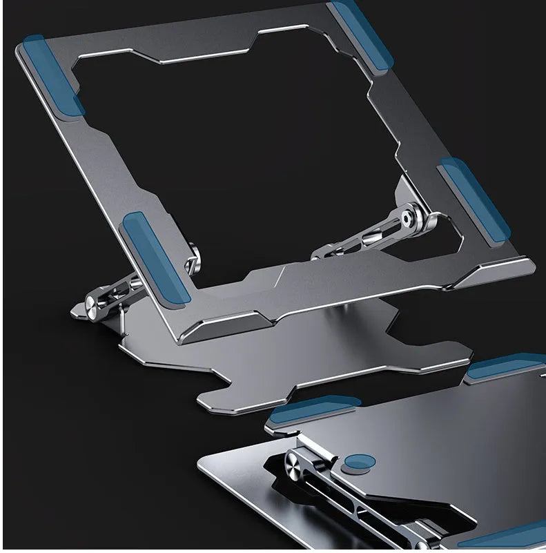 Adjustable aluminium laptop stand in grey or white, showing folding mechanism and silicone protection pads