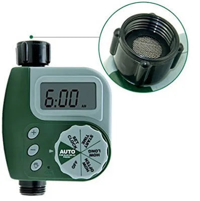 Green digital hose faucet timer with copper connector and dual outlets for garden irrigation