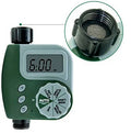 Green digital hose faucet timer with copper connector and dual outlets for garden irrigation