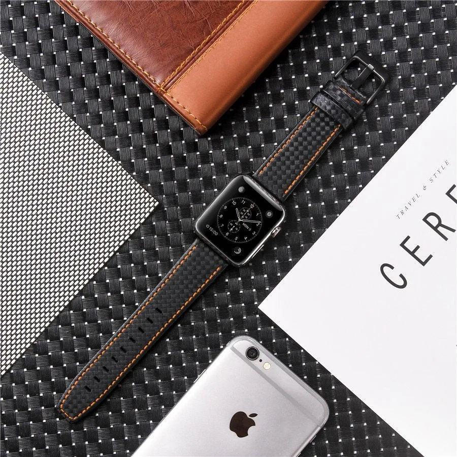 Carbon fibre pattern and leather iPhone watch strap in four colour options with two size ranges