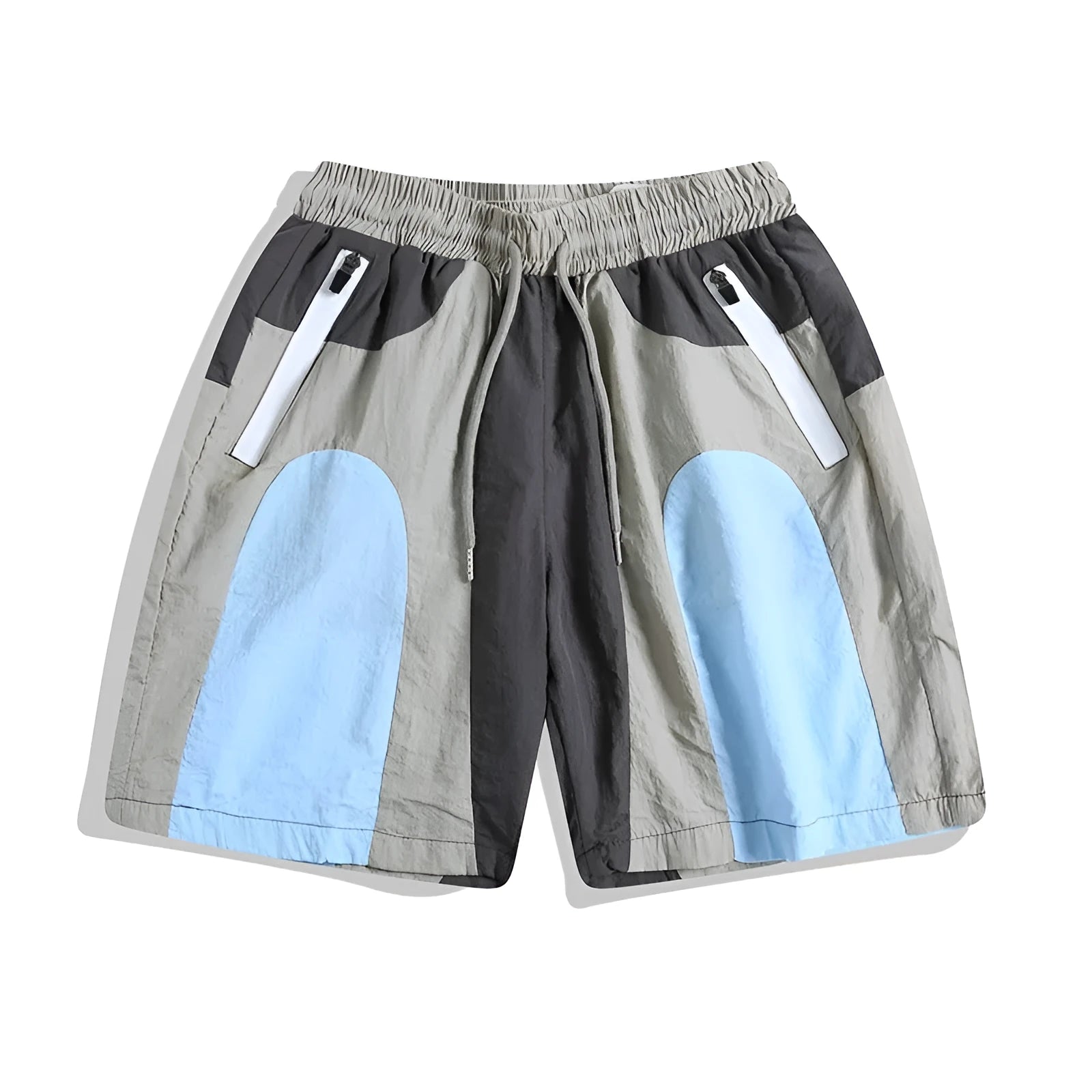 Blue patchwork quick-drying men's shorts with loose straight-leg fit and elasticated waist.