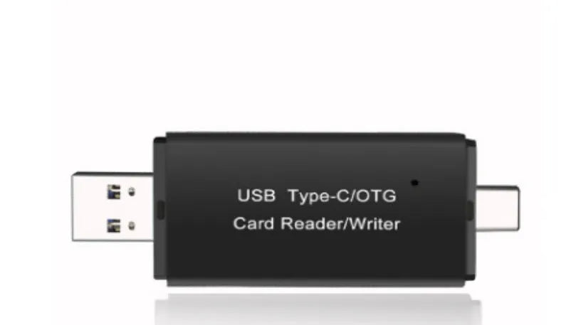 Black USB 3.0 memory card reader for SD and TF cards with a Type-C connector