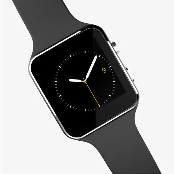 Black smart watch with 1.54 inch touch screen on a silicone strap, showing a clock face.