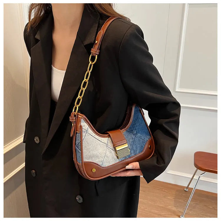 Brown denim women's shoulder bag with diamond chain design and bucket shape