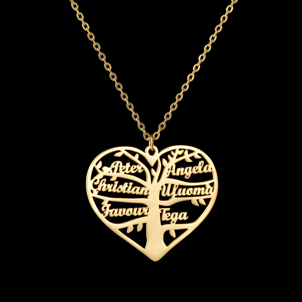 Custom hollow heart lucky tree titanium steel necklace with engraved names in silver gold and rose gold finishes