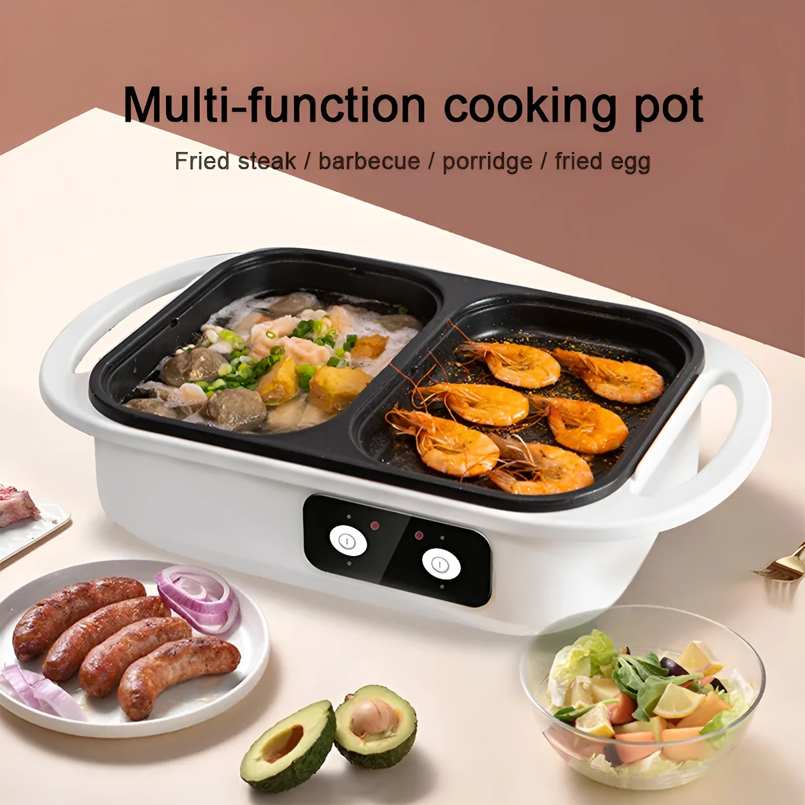 Green and white electric hot pot appliance with mechanical dials, showing dimensions of 390mm by 220mm.