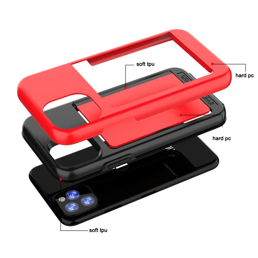 Simple solid-colour TPU and PC phone case for iPhone 11, shown in black, red, pink, dark blue, blue and purple.