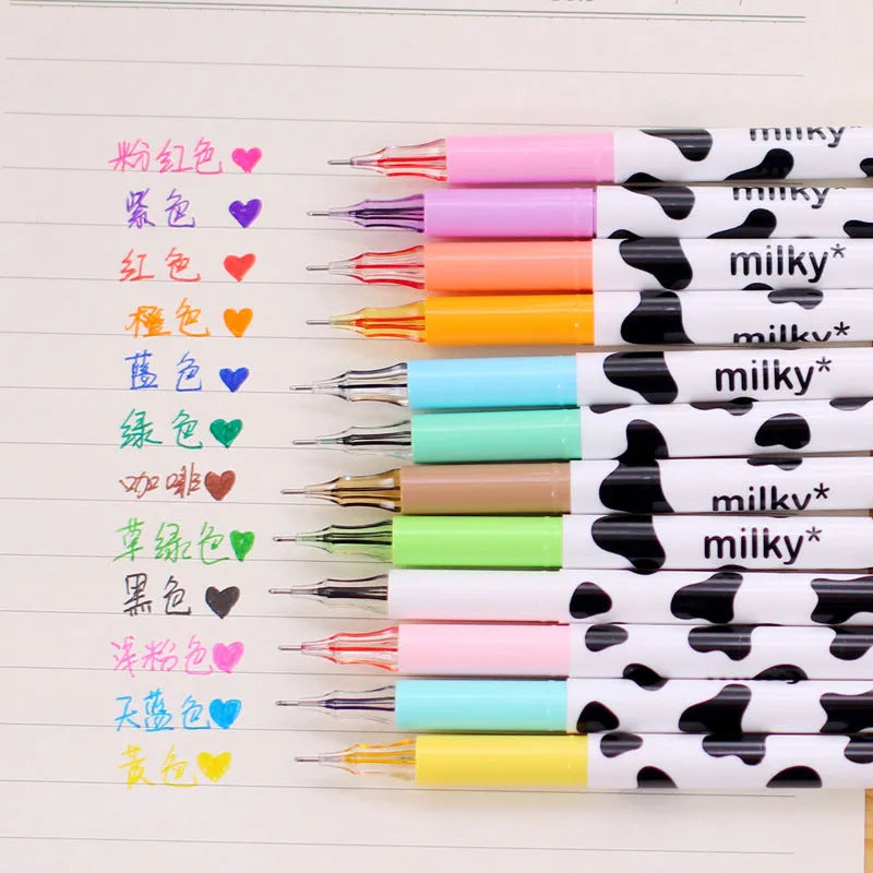 Cow print design gel pen with 0.38mm tip, pack of 12 assorted colours.