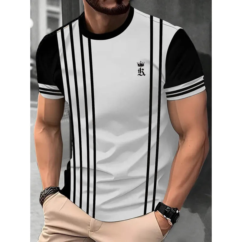 Men's striped short-sleeve T-shirt with digital 3D printing in loose business casual style