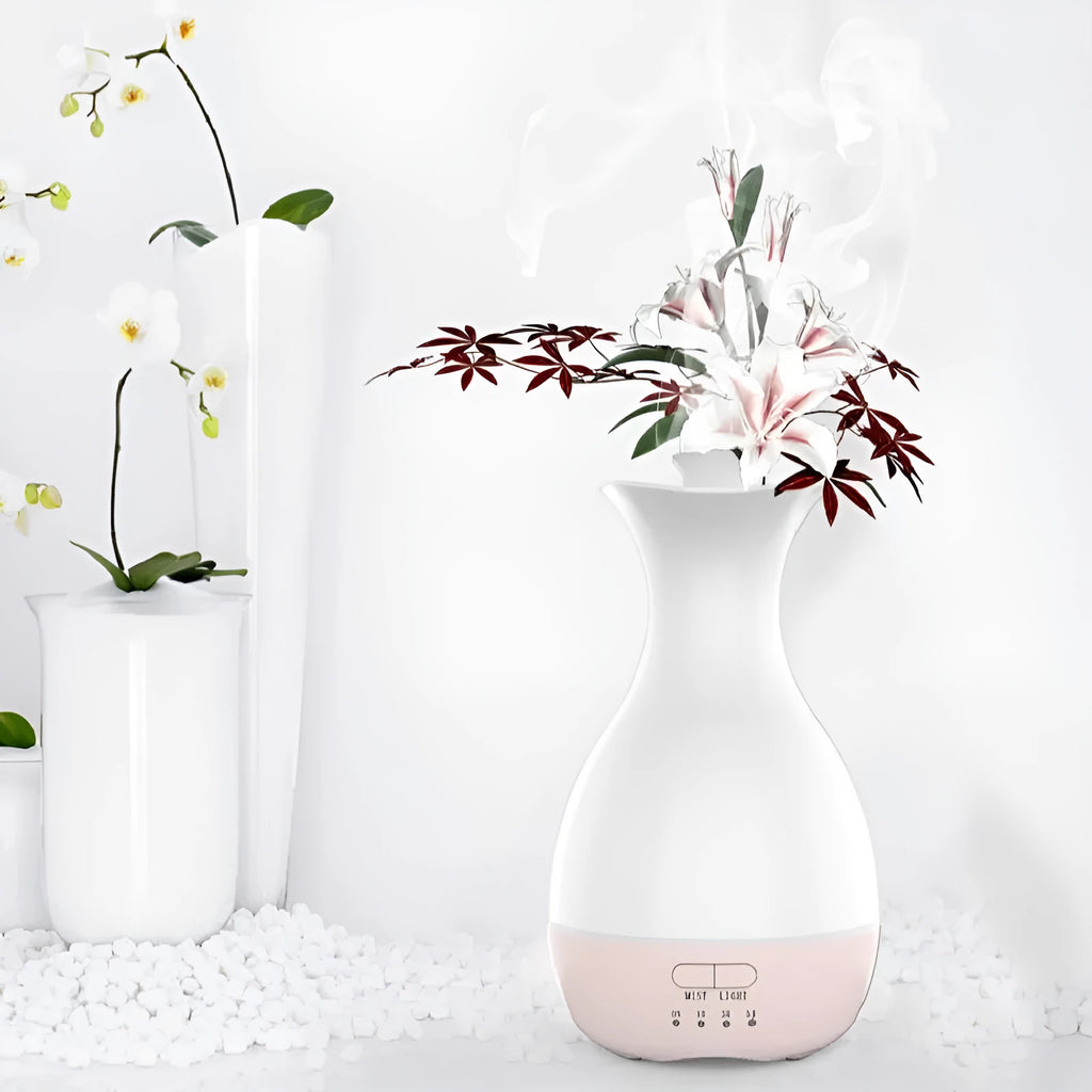 White ultrasonic aromatherapy vase diffuser with colourful LED night light and 200ml water capacity