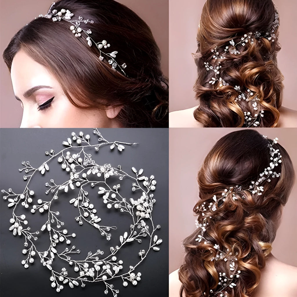 Bride's long hair band with pearls and crystals in silver, gold, and rose gold colour options.
