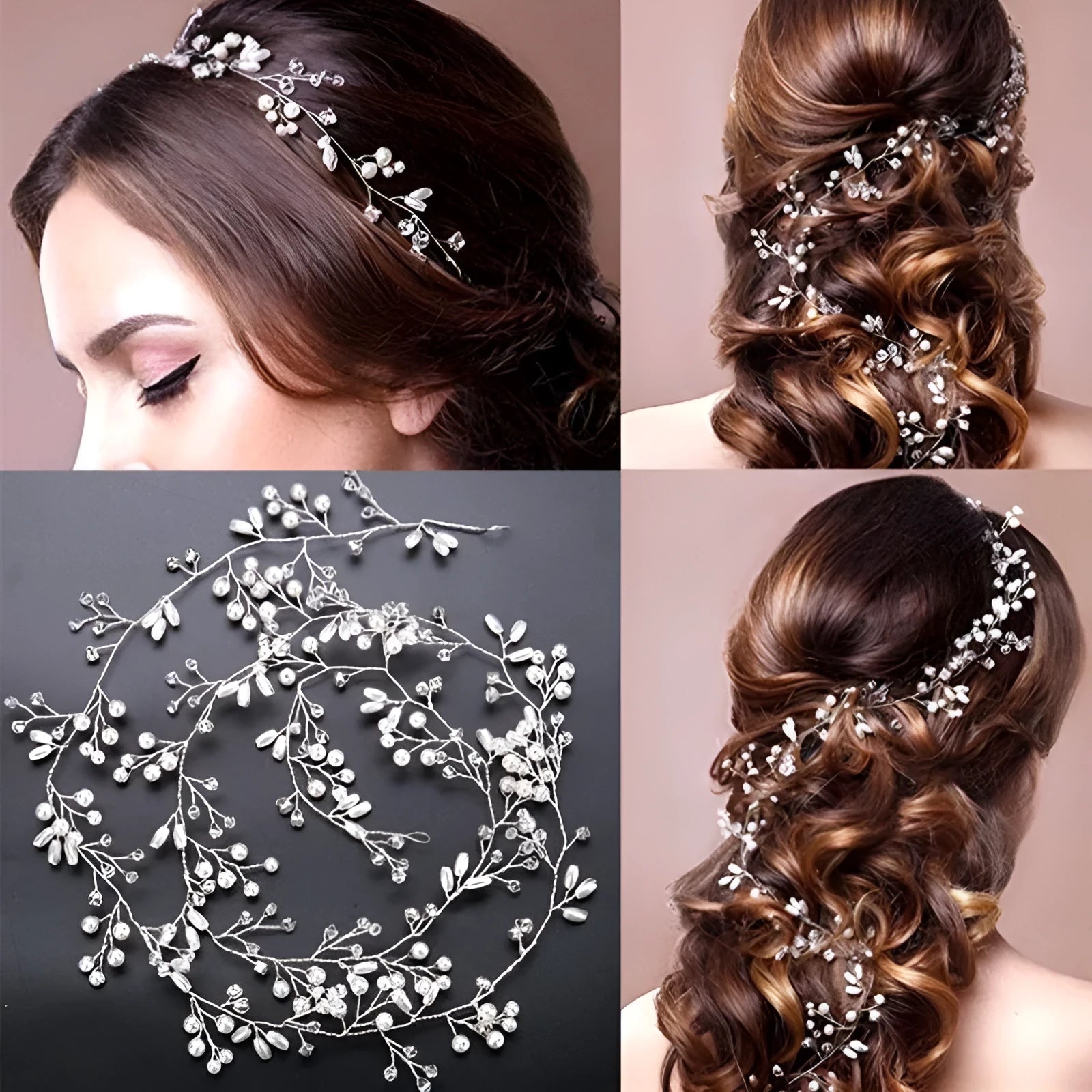 Bride's long hair band with pearls and crystals in silver, gold, and rose gold colour options.