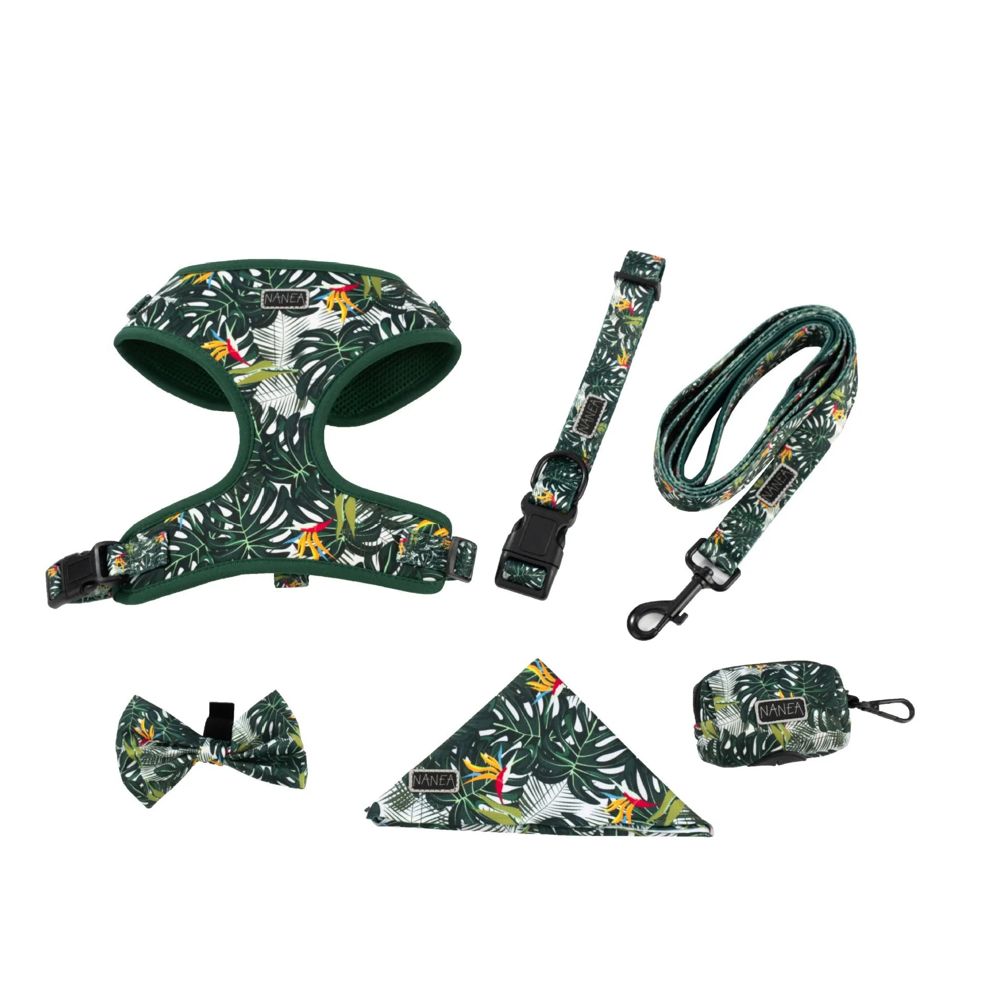 Adjustable cloth pet harness vest with haulage rope, collar, bow tie, triangular scarf, and waste bag in six-piece set
