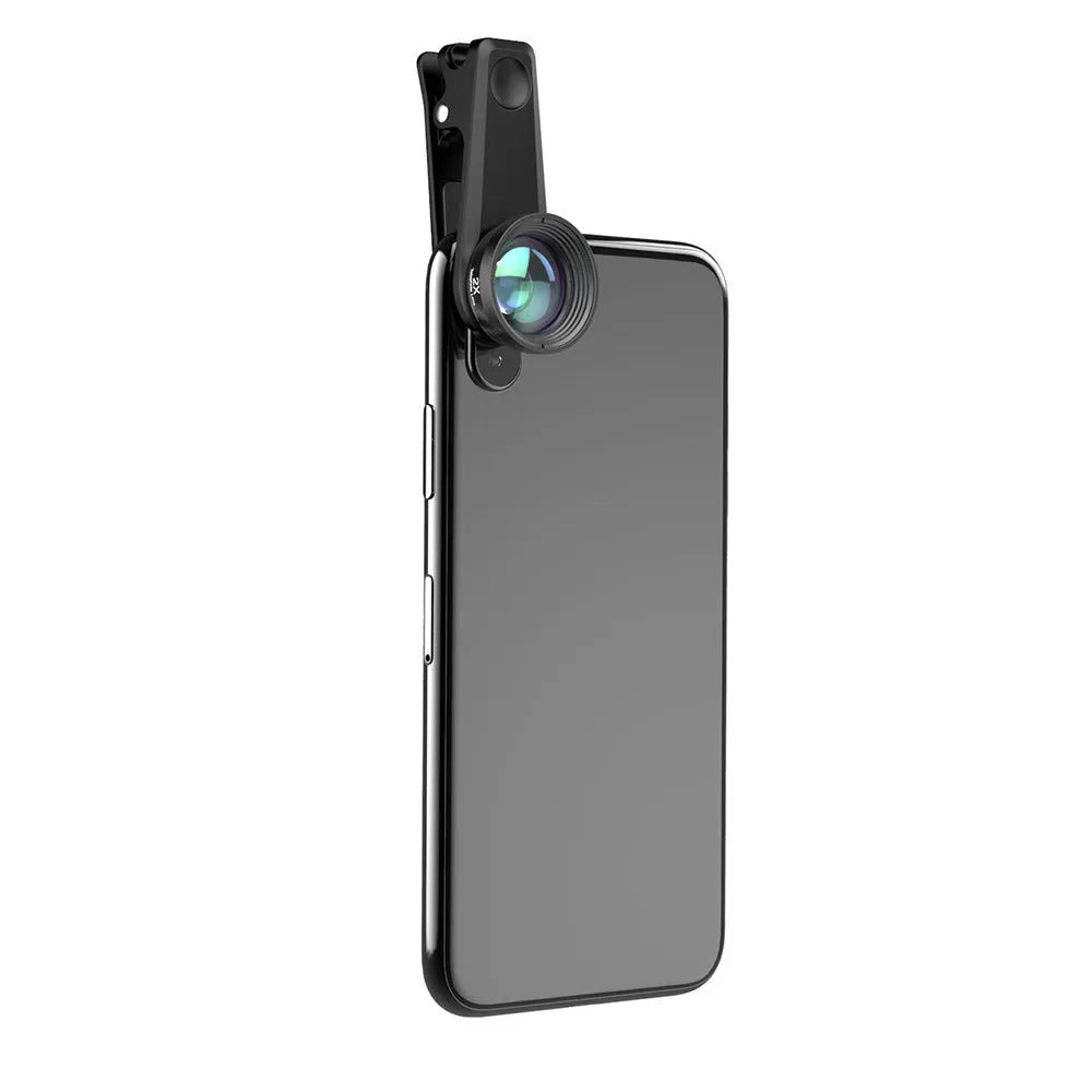 6-in-1 universal smartphone camera lens kit showing fisheye, wide angle, macro and telephoto lenses in black aluminium housings