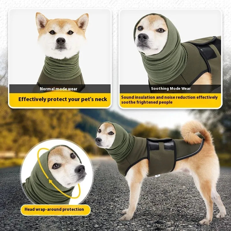 Army green polyester dog calming jacket for anxiety relief with gentle pressure design