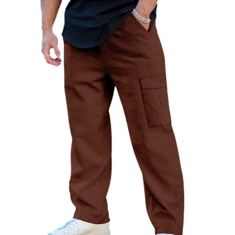 Men's corduroy cargo trousers with elastic waistband in straight-leg wide-leg design