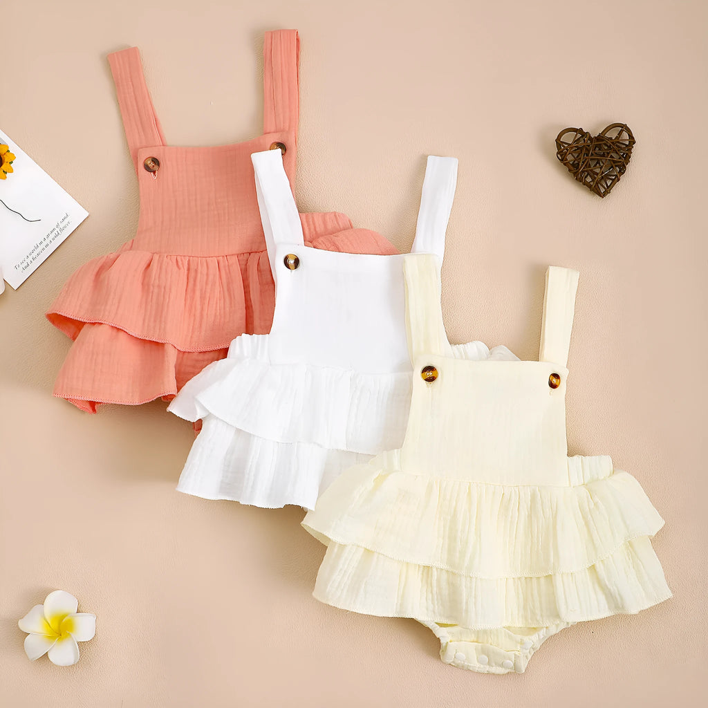 Baby girls cotton triangle jumpsuit sling dress in orange, apricot, and white for summer 0-18 months