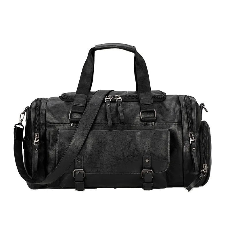 Large black travel bag with a separate shoe compartment, showing its size and durable PU fabric construction.
