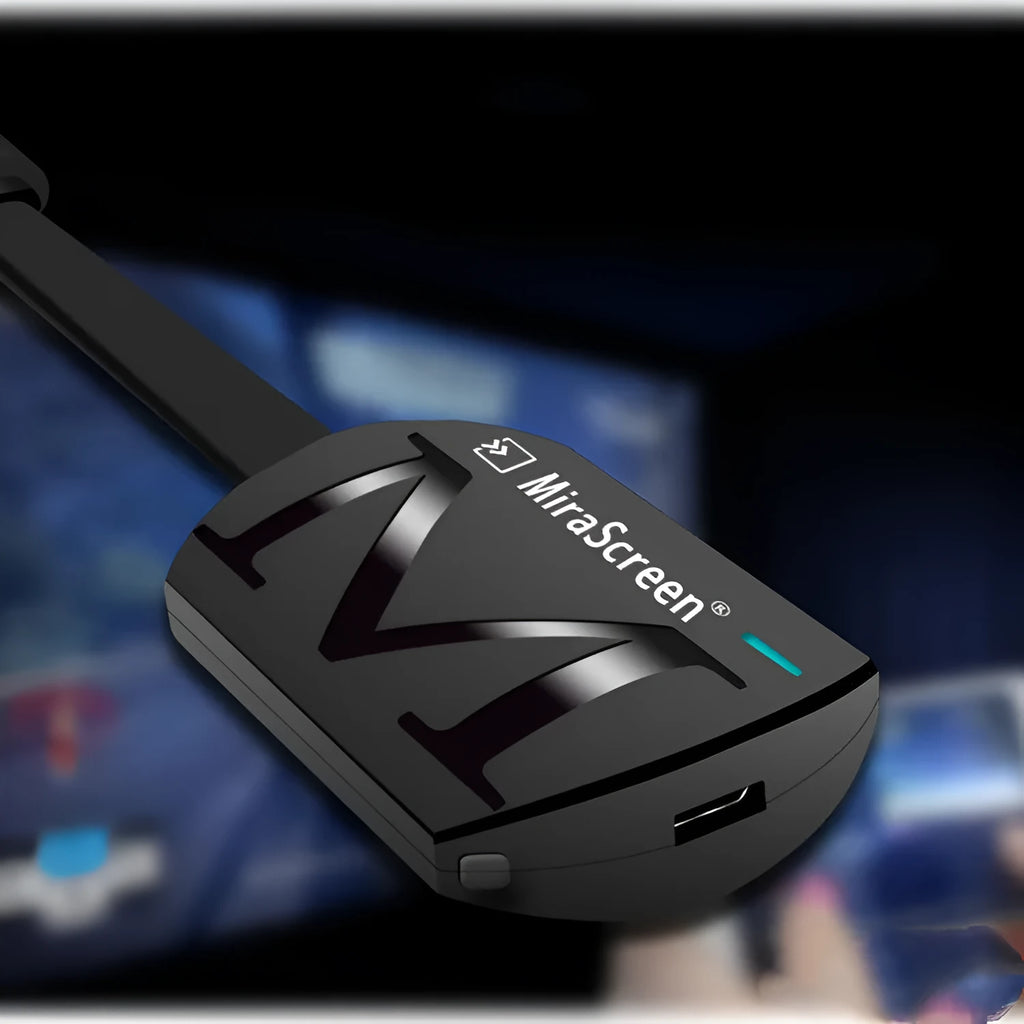 Black smart phone to TV HDMI dongle for wireless screen mirroring, 52mm by 26mm.