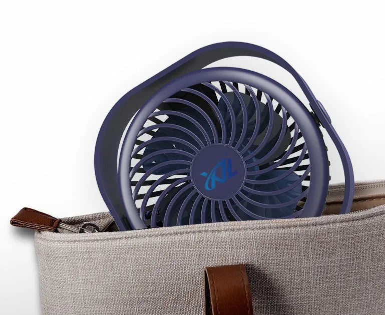 USB desk fan with alarm clock showing 360-degree rotation, in blue colour.