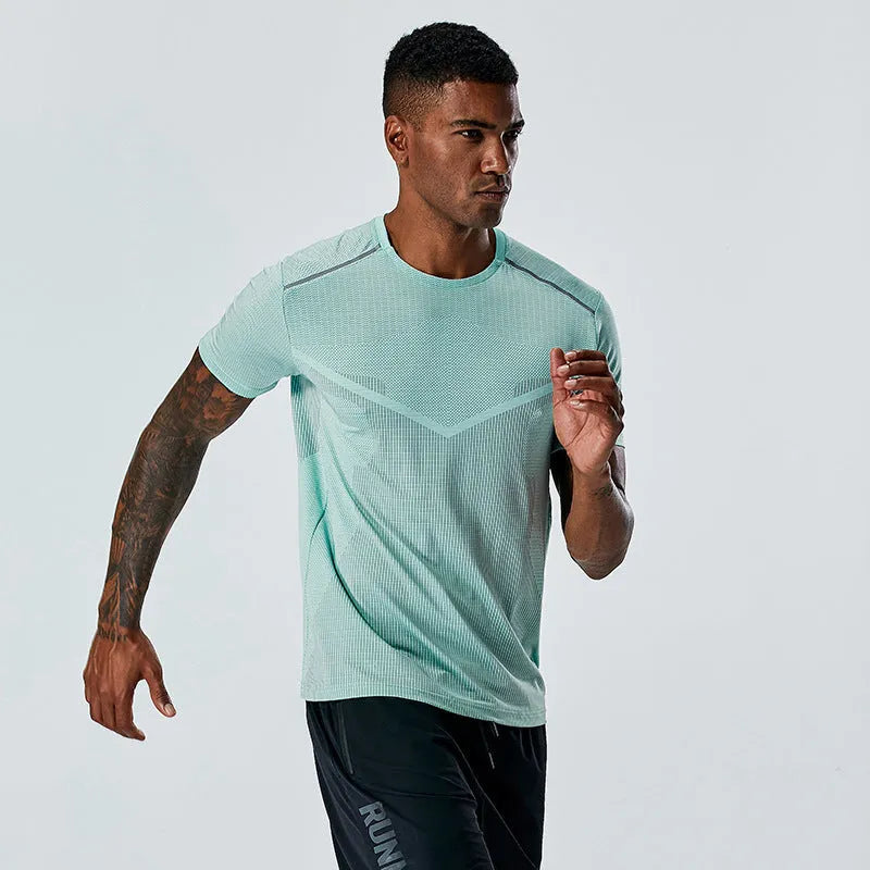 Quick-drying polyester T-shirt for men and women in Army Green, size M, flat lay on neutral background