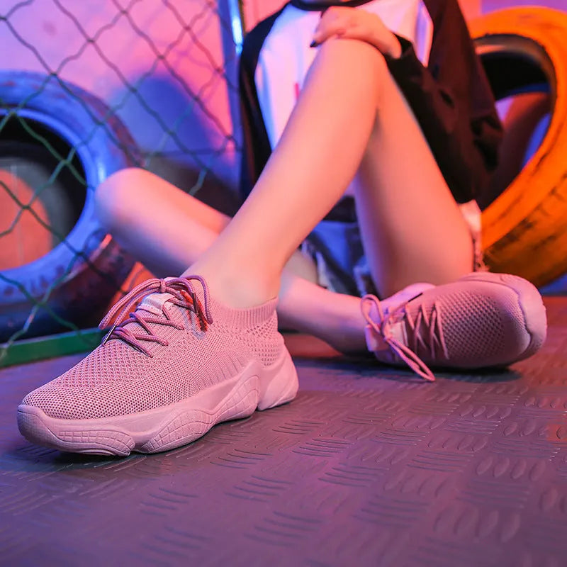 Women's white flying woven sports shoes with thick rubber sole and front strap