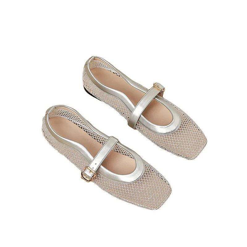 Women's beige mesh summer hiking shoes with square toe and buckle, flat low heel.