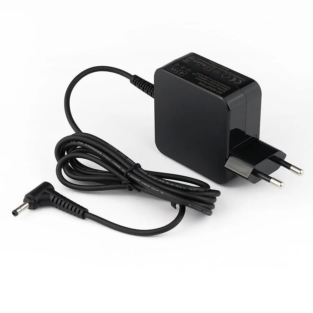 Black 45W laptop adapter with US and EU plugs showing 99.3mm length