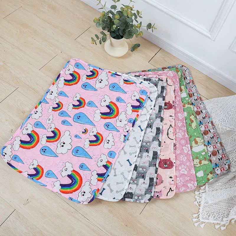 Reusable washable pet urine pad showing colour patterns and size options for dog and cat training