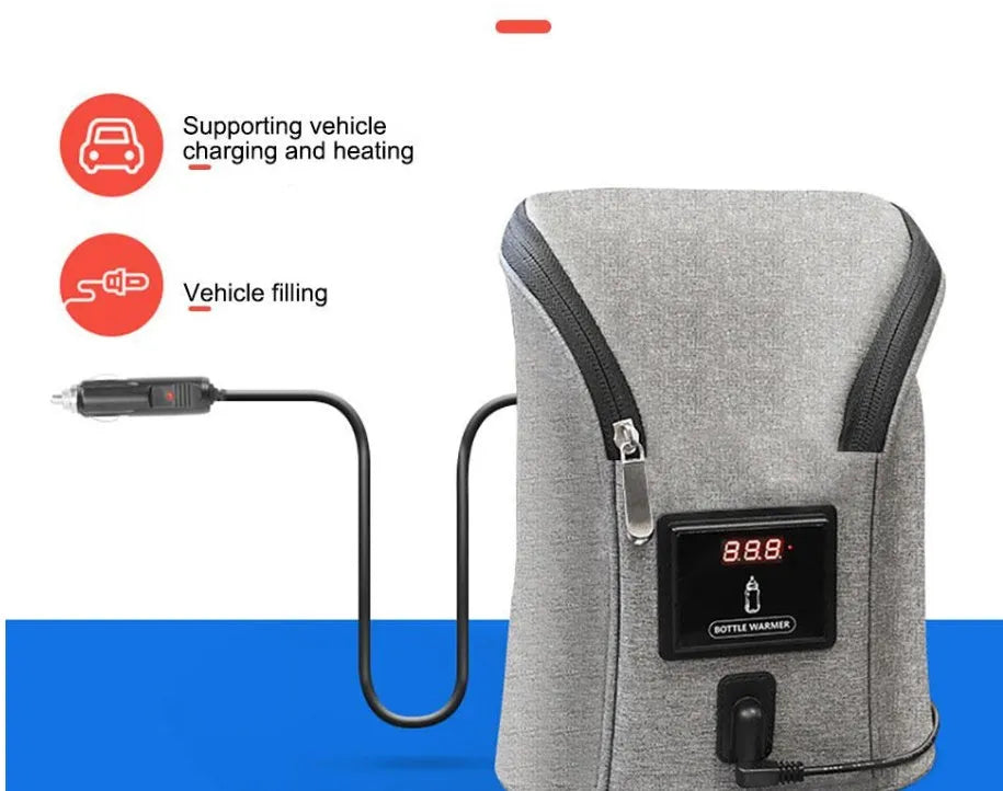 Grey Oxford cloth portable car USB baby bottle warmer showing dual-bottle capacity and electronic temperature display