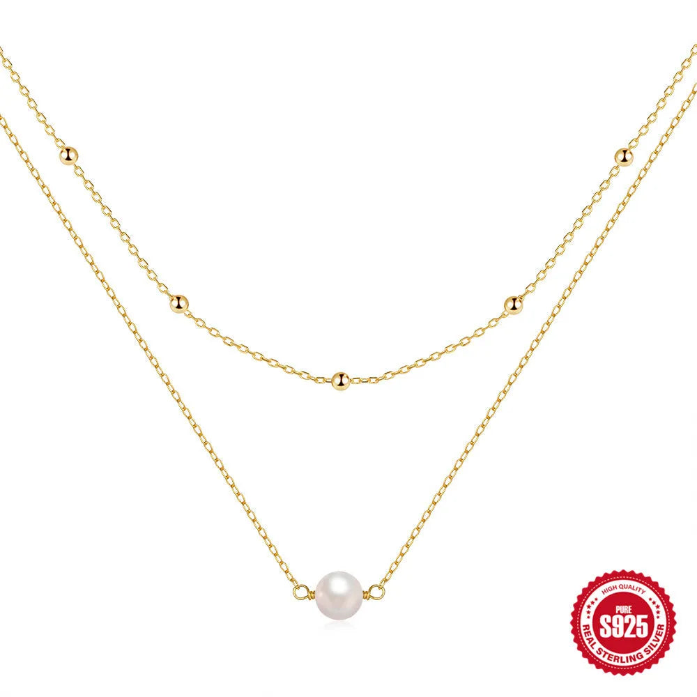 S925 sterling silver double layer pearl necklace with twin pearls and geometric design