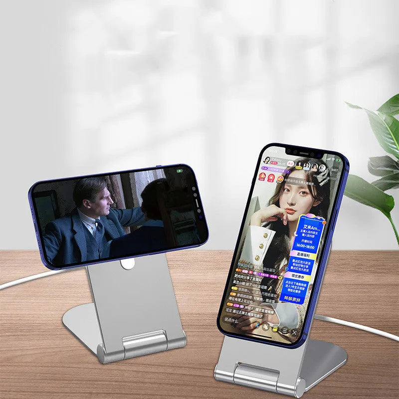 Silver portable magnetic bracket for iPhone 12 showing vertical angle adjustment mechanism