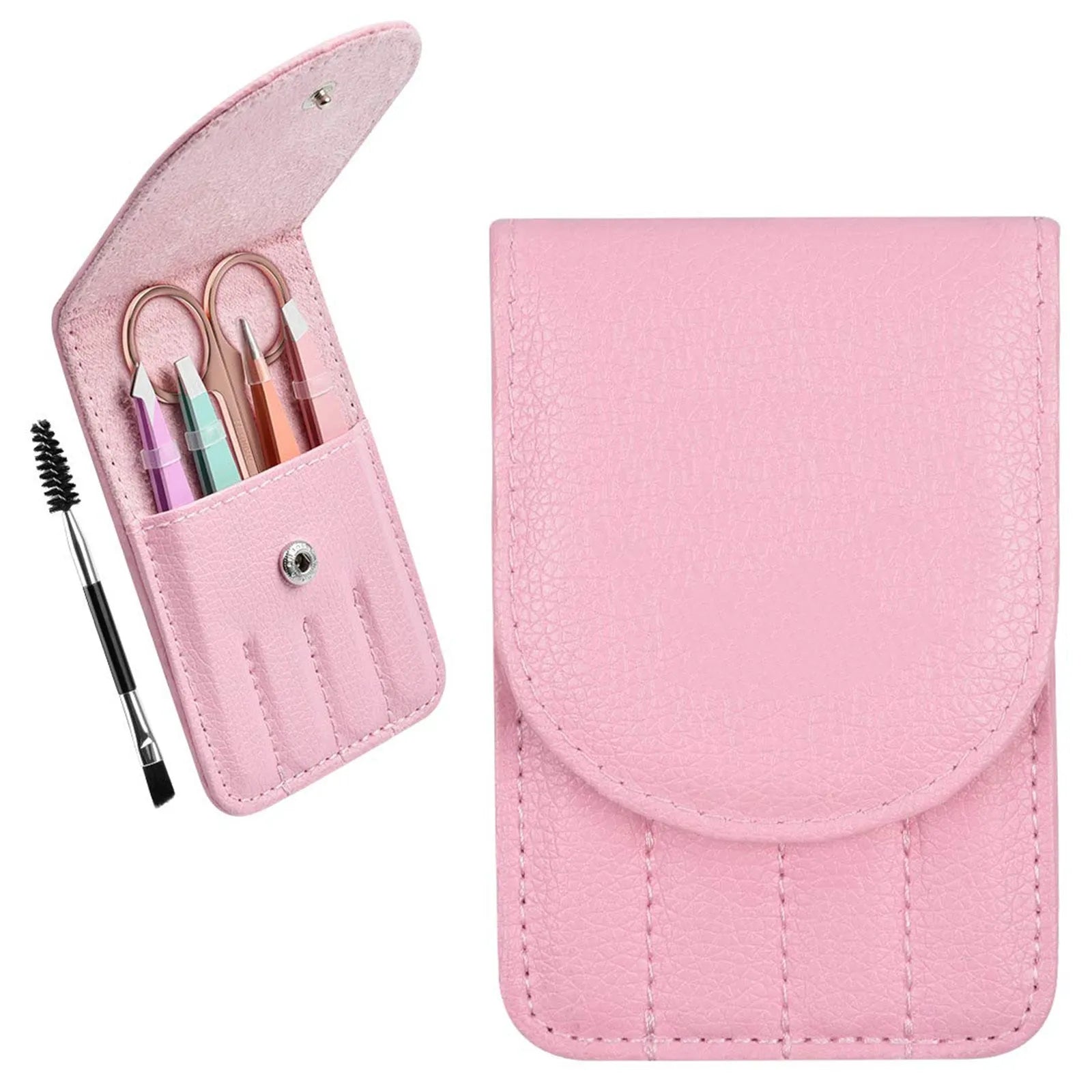 Six-piece stainless steel eyebrow tweezers set with curved scissors and leather case