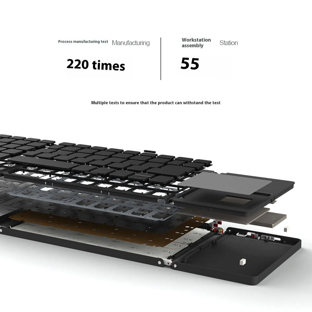 Tri-fold Bluetooth keyboard in black showing folded 0.8cm thickness next to unfolded 30.2cm typing surface