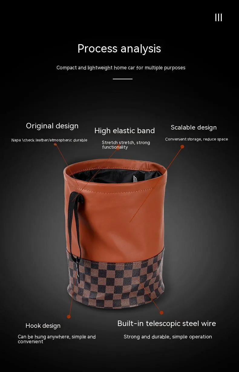 Leather retractable folding car trash can with handle