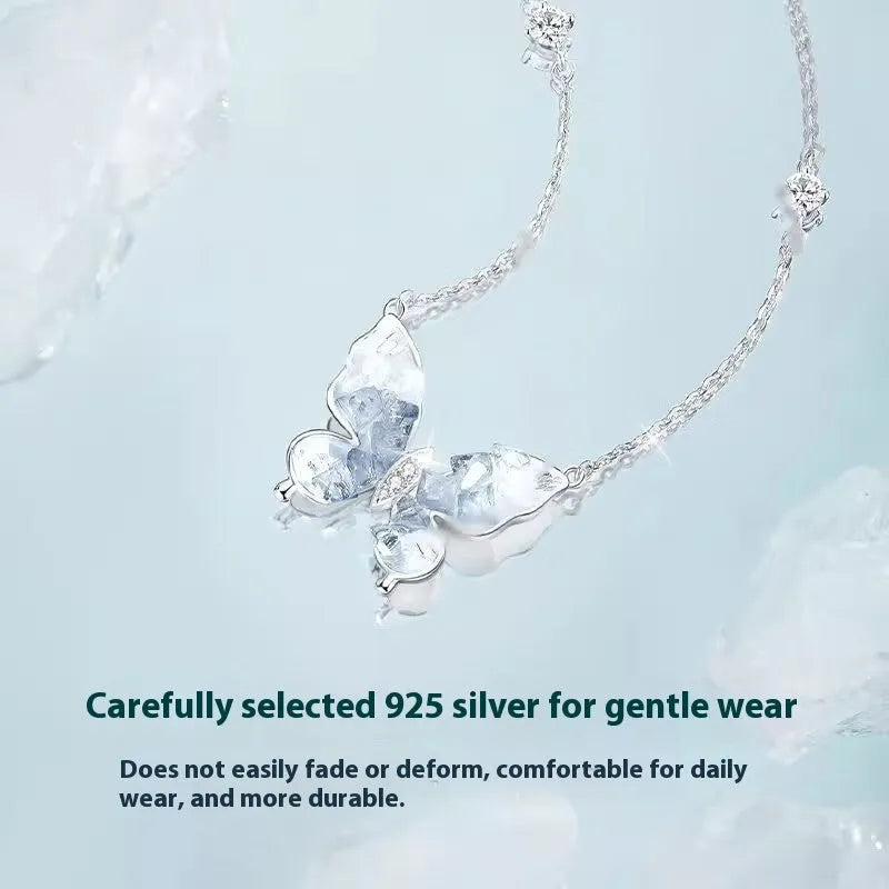 S925 silver butterfly necklace with ice rain pendant on O-ring chain, adjustable 41-50cm perimeter